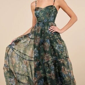 Lulus Exclusive Glamour Green Floral Organza Tiered Maxi Dress - Size S